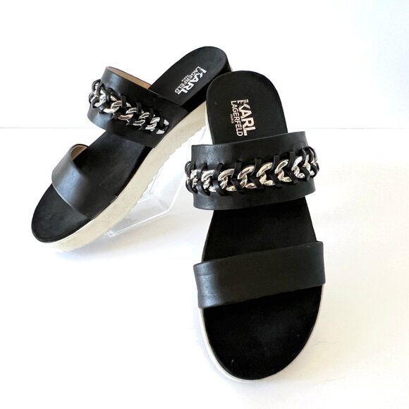 Karl Lagerfeld Paris Slip On Black Leather Sandals, Meslay, Size 8, EUC! - Picture 2 of 14